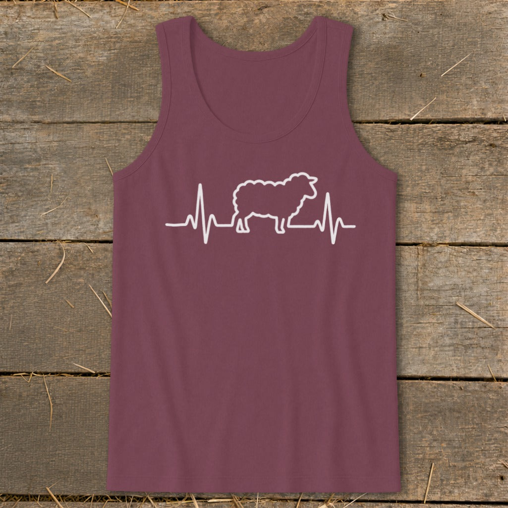 A maroon tank top with a white graphic of a sheep overlaid on a heartbeat line.