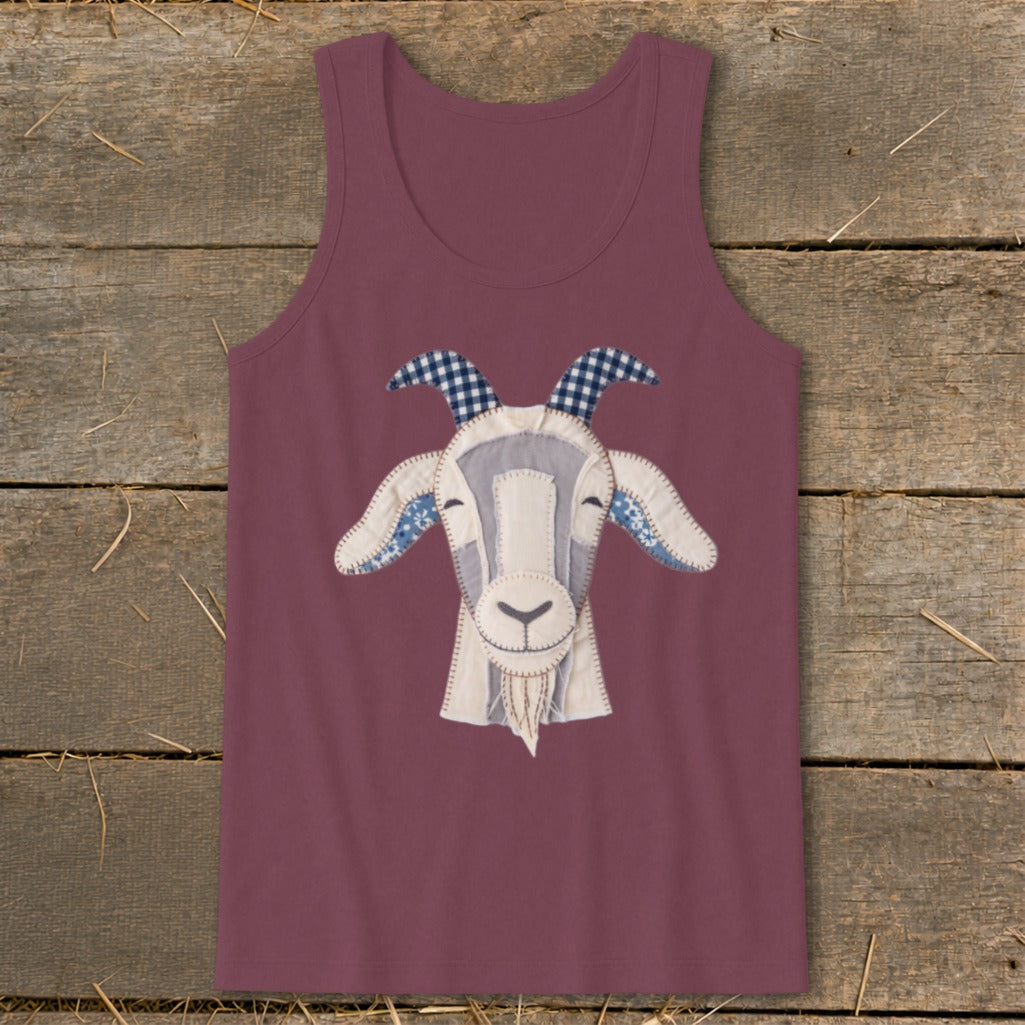Burgundy tank top with a fabric appliqué of a smiling goat's head.