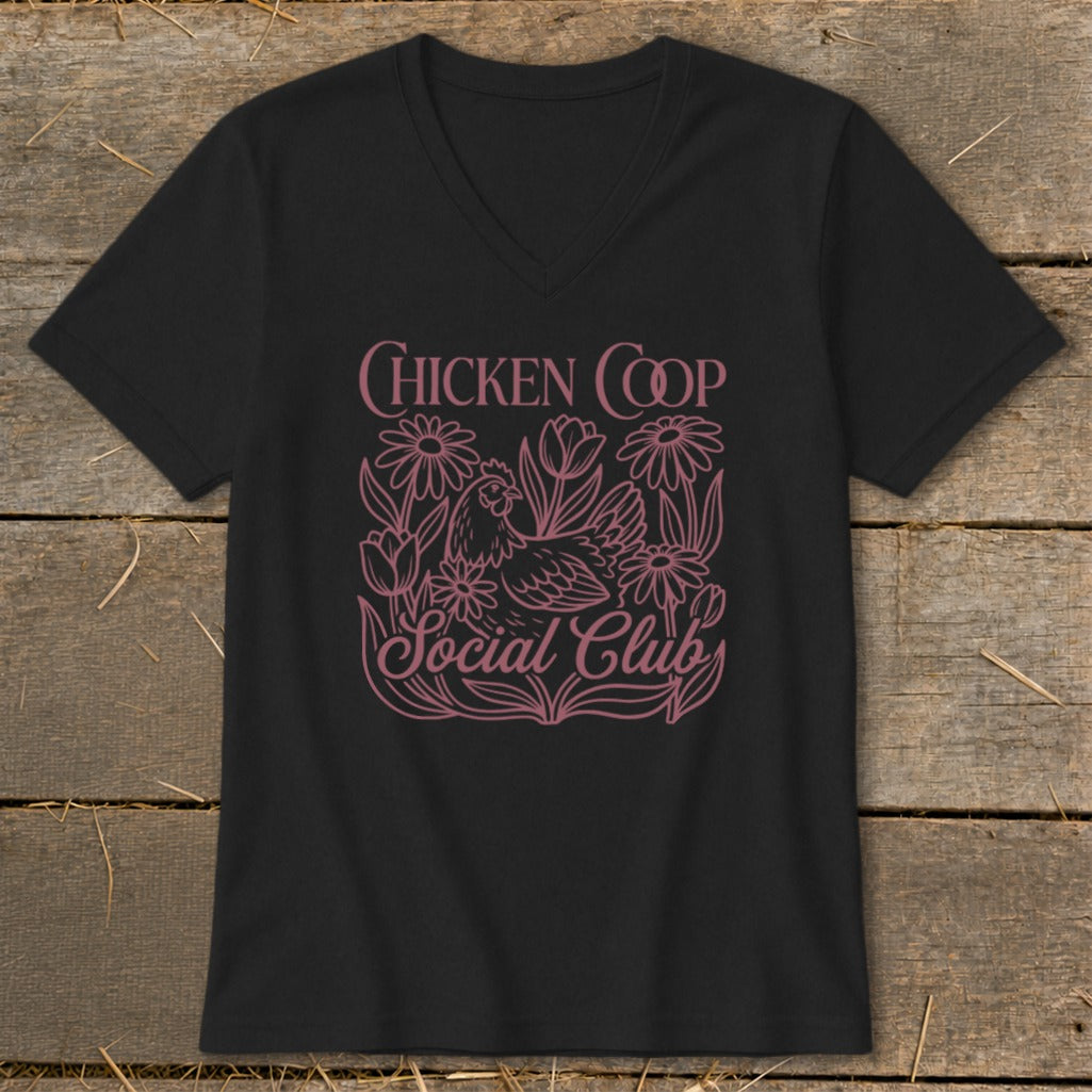 Black v-neck t-shirt with "Chicken Coop Social Club" and a chicken in flowers design.
