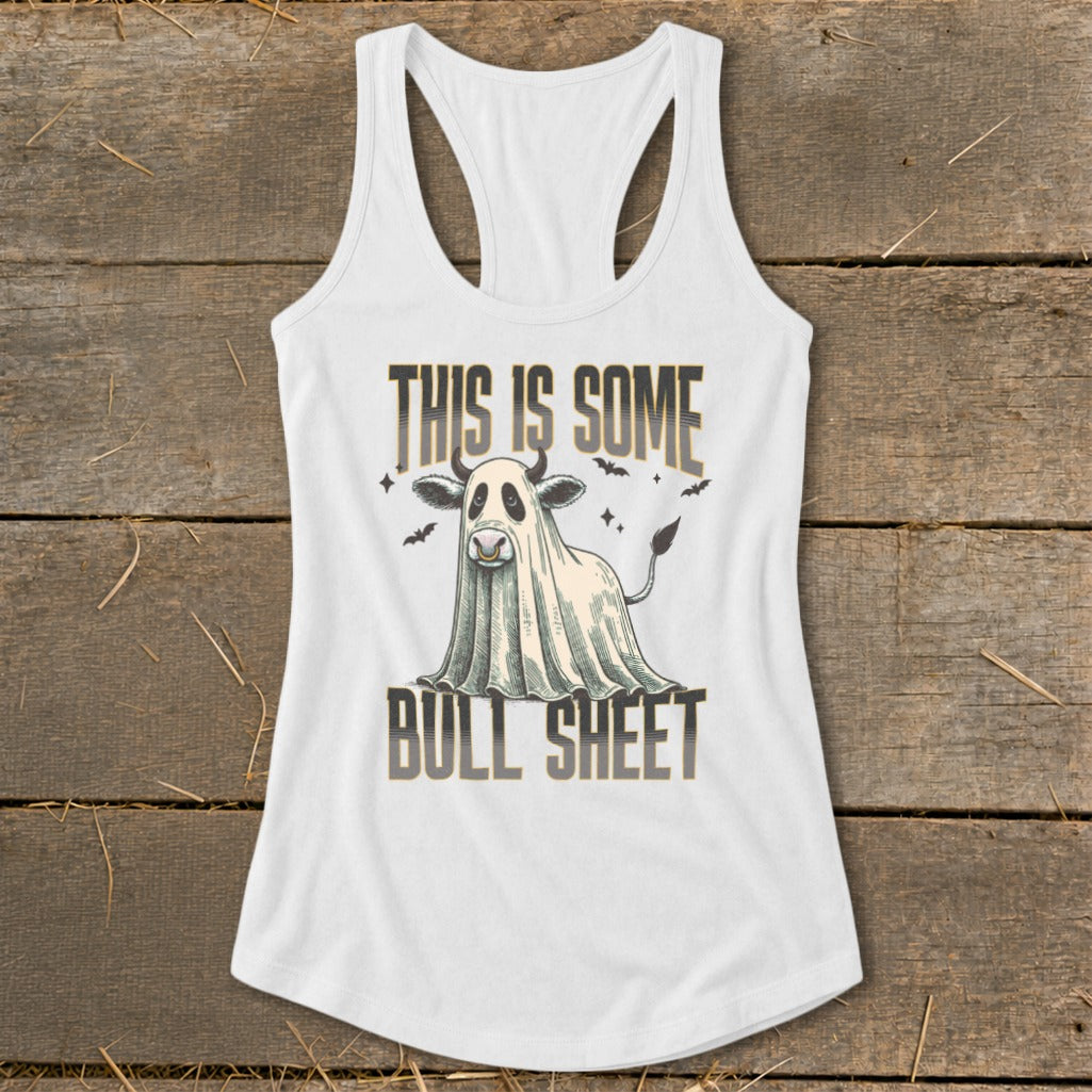 White tank top with ghost cow graphic and text "THIS IS SOME BULL SHEET".