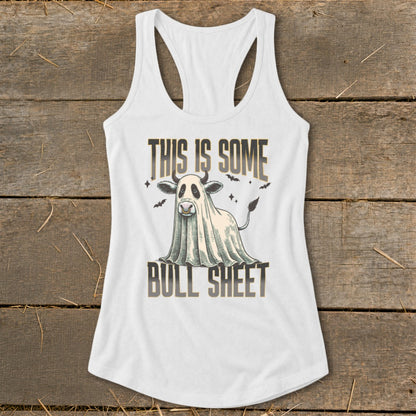 White tank top with ghost cow graphic and text "THIS IS SOME BULL SHEET".