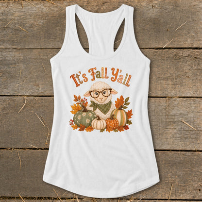 White tank top with a sheep wearing glasses, pumpkins, and "It's Fall Y'all" text.