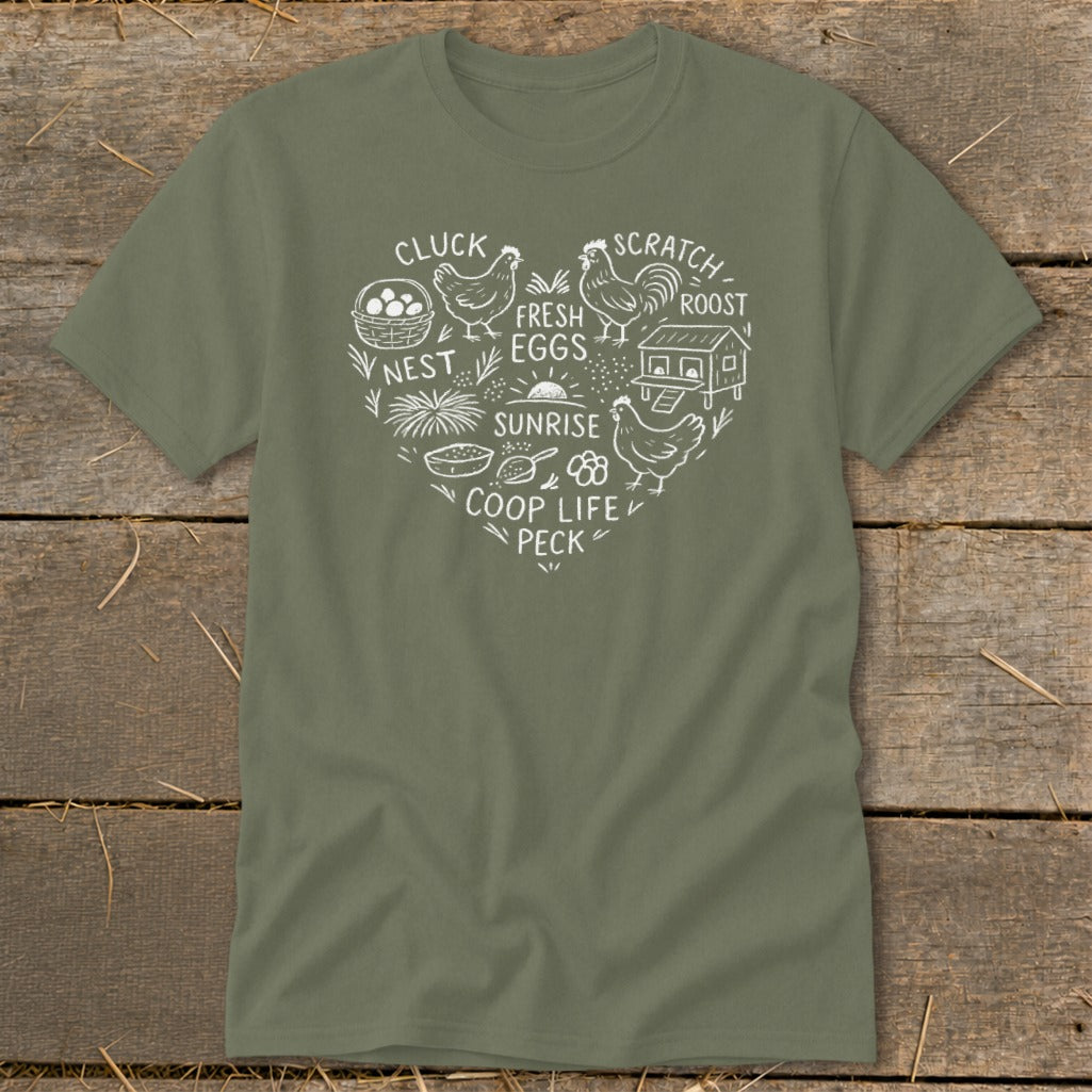 Olive green t-shirt with white heart-shaped chicken farm graphic and text.