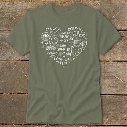 Olive green t-shirt with white heart-shaped chicken farm graphic and text.