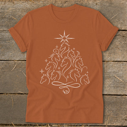 Brown t-shirt with a white line art Christmas tree made of horse heads.