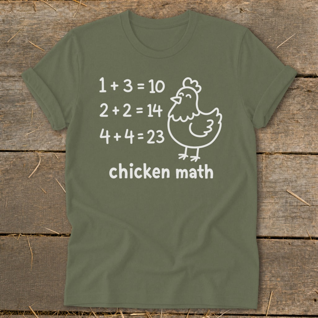 Green t-shirt with white text: "1+3=10, 2+2=14, 4+4=23, chicken math".