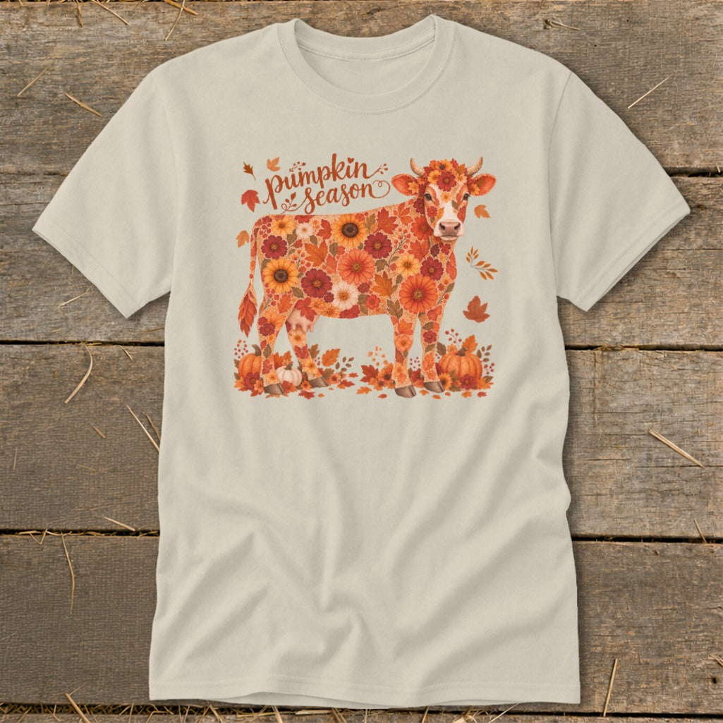 Cow graphic with "Pumpkin Season" text, made of autumn flowers and leaves.