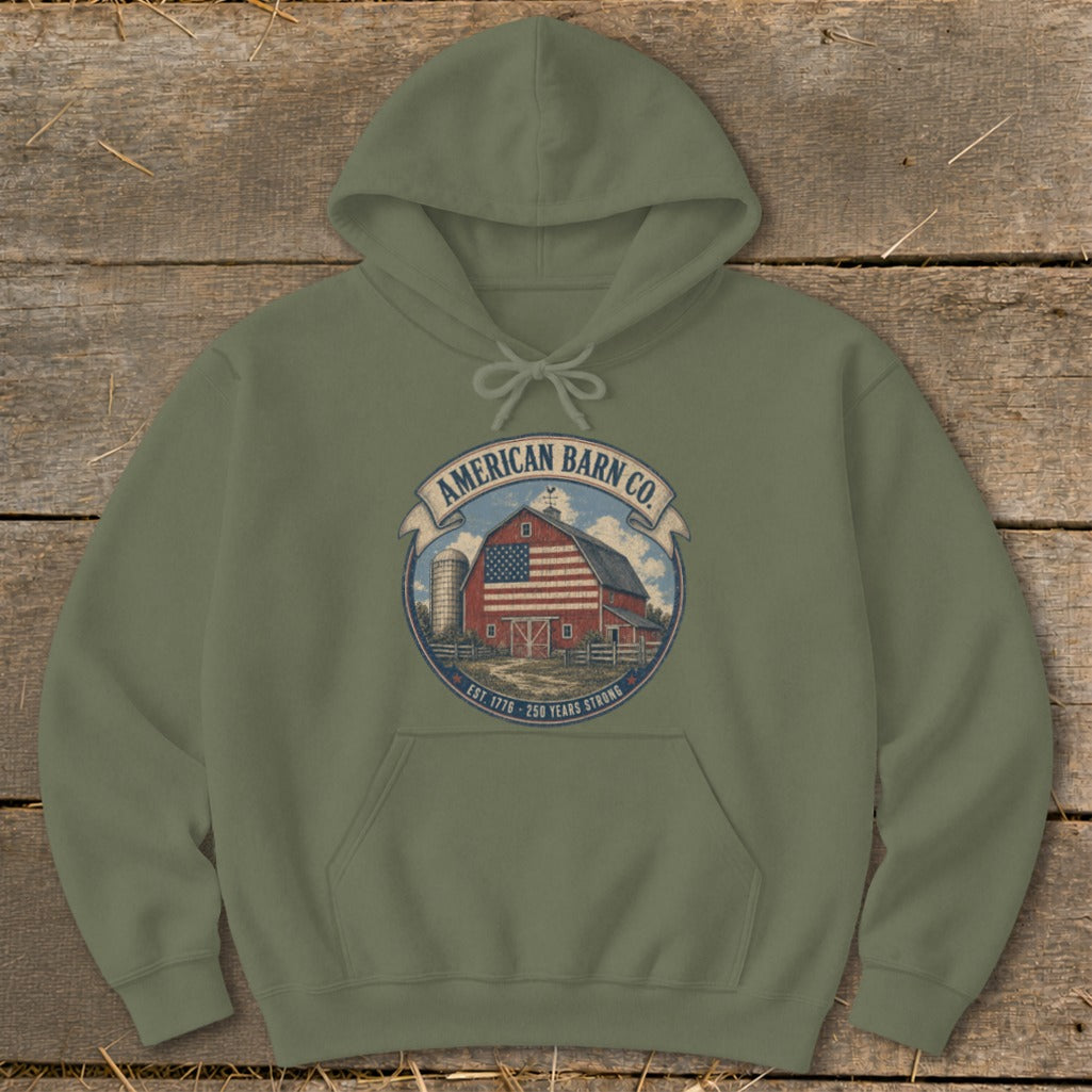 Olive green hoodie with American Barn Co. logo featuring a barn and American flag.