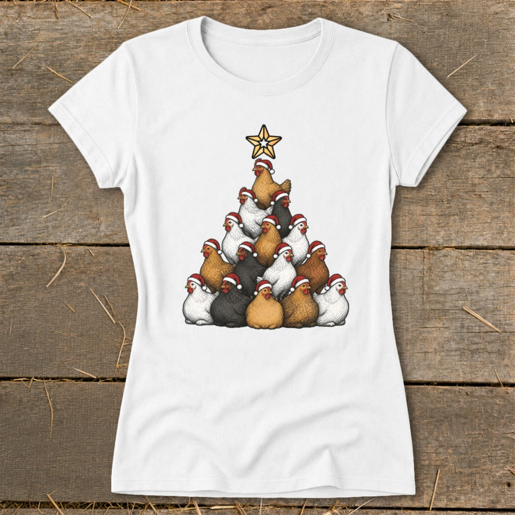 White t-shirt with chickens in Santa hats arranged in a Christmas tree shape, topped by a star.