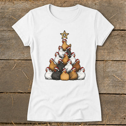 White t-shirt with chickens in Santa hats arranged in a Christmas tree shape, topped by a star.