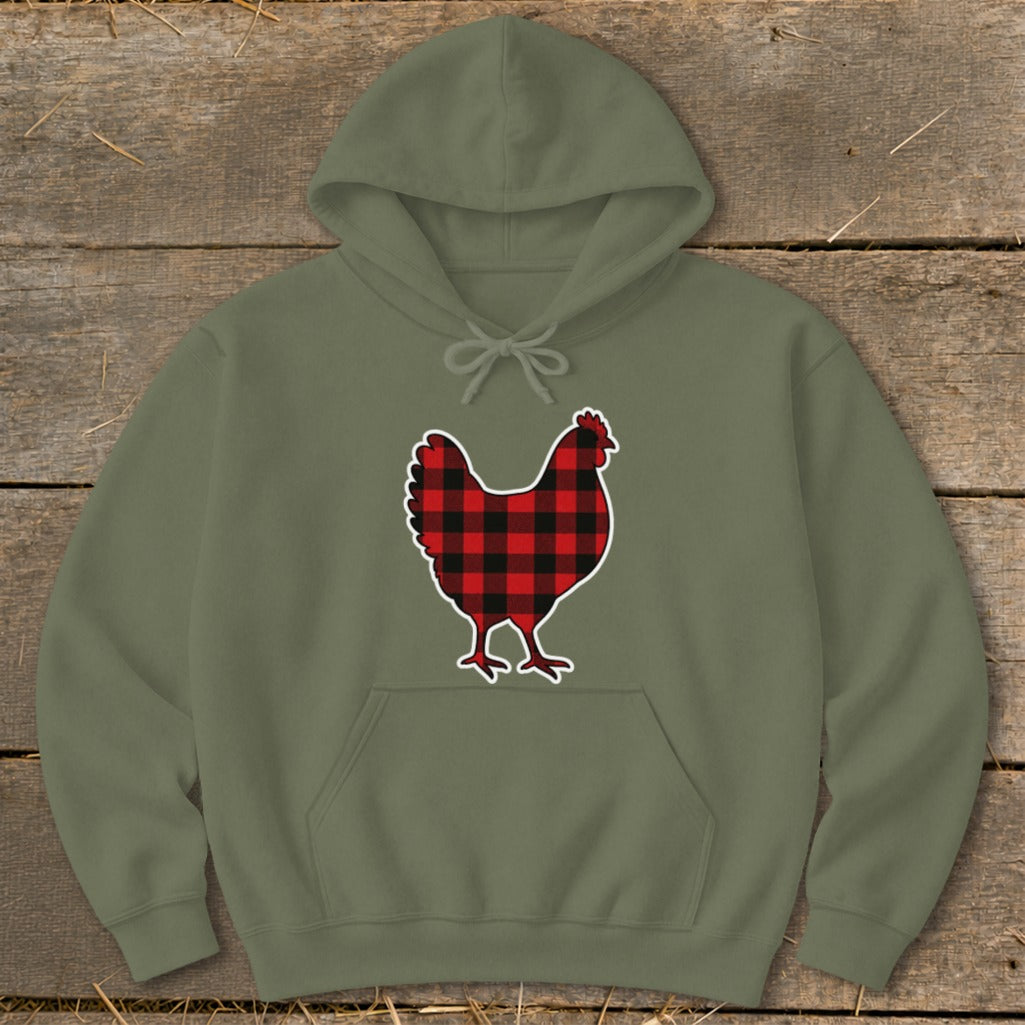 Olive green hoodie with a red and black plaid chicken graphic.