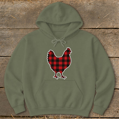 Olive green hoodie with a red and black plaid chicken graphic.