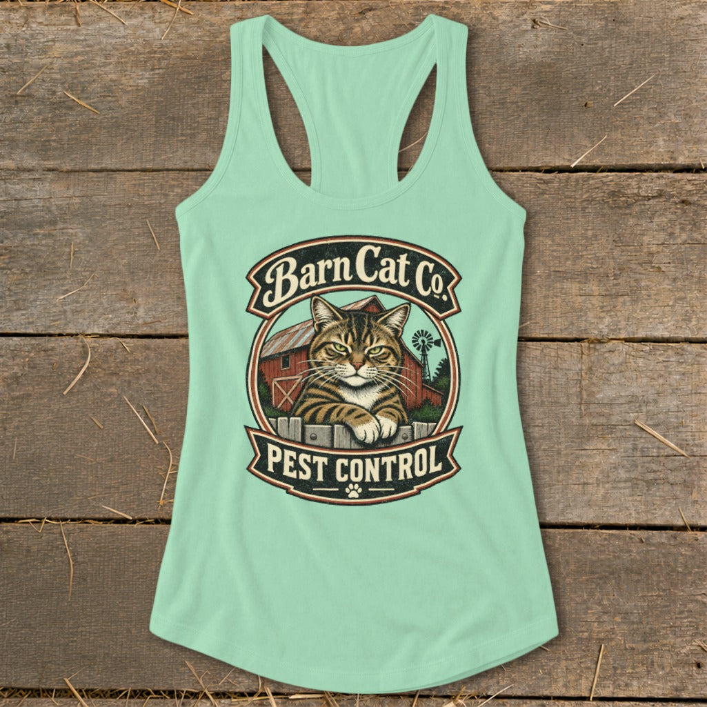 Light green racerback tank top featuring a graphic of a tabby cat and text reading Barn Cat Co. Pest Control.