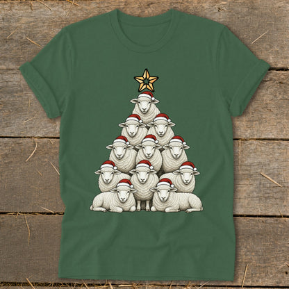 Green t-shirt with a Christmas tree made of sheep wearing Santa hats.