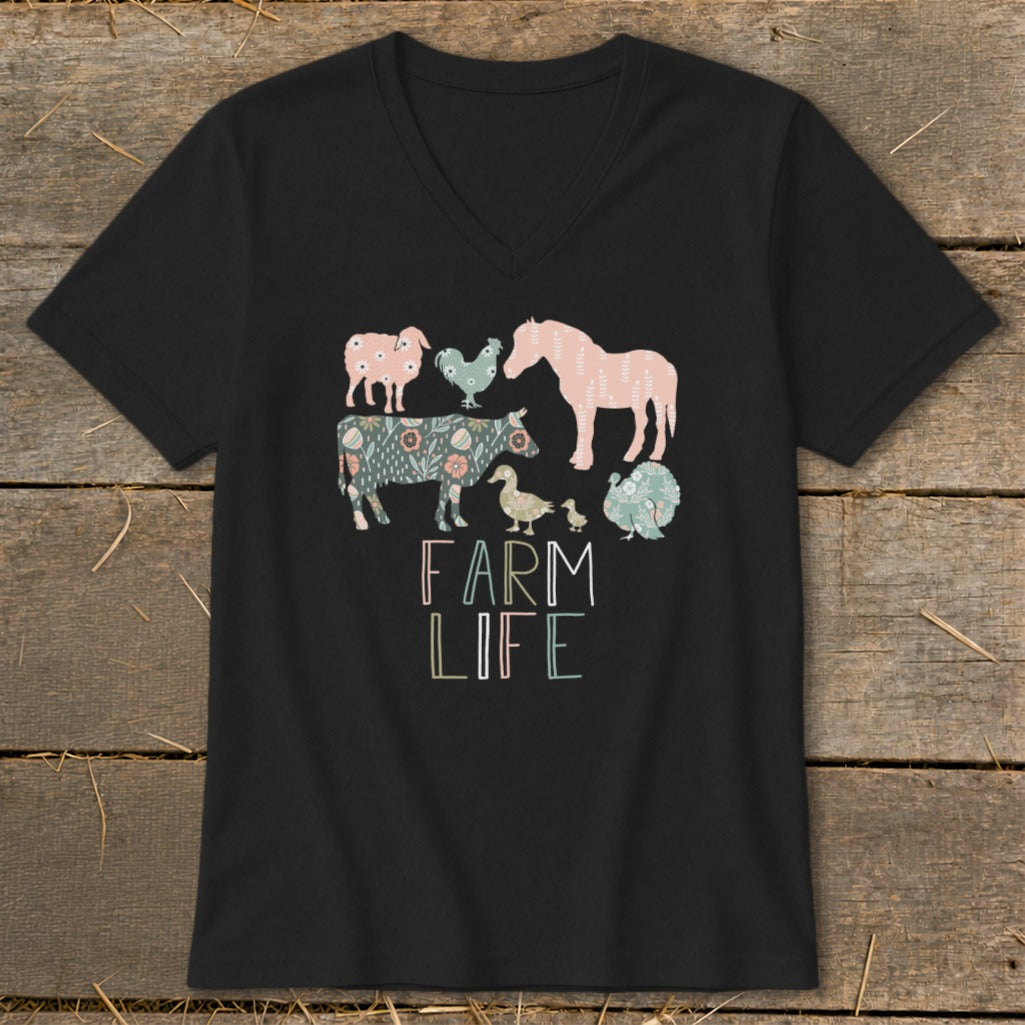 Black t-shirt with floral farm animals and "FARM LIFE" text.