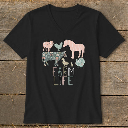 Black t-shirt with floral farm animals and "FARM LIFE" text.