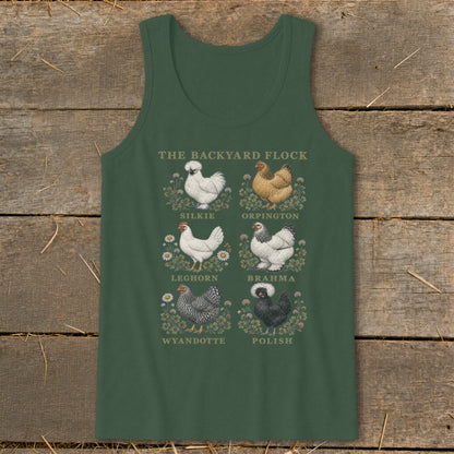 Green tank top with six chicken illustrations labeled Silkie, Orpington, Leghorn, Brahma, Wyandotte, and Polish.