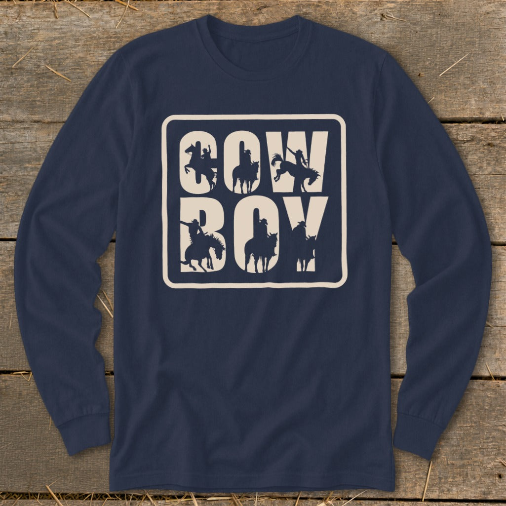 Navy long-sleeve shirt with "COW BOY" text and cowboy silhouettes.