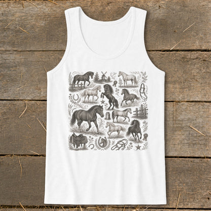 White tank top featuring a black and white illustration of various horses, windmills, and equestrian tack.