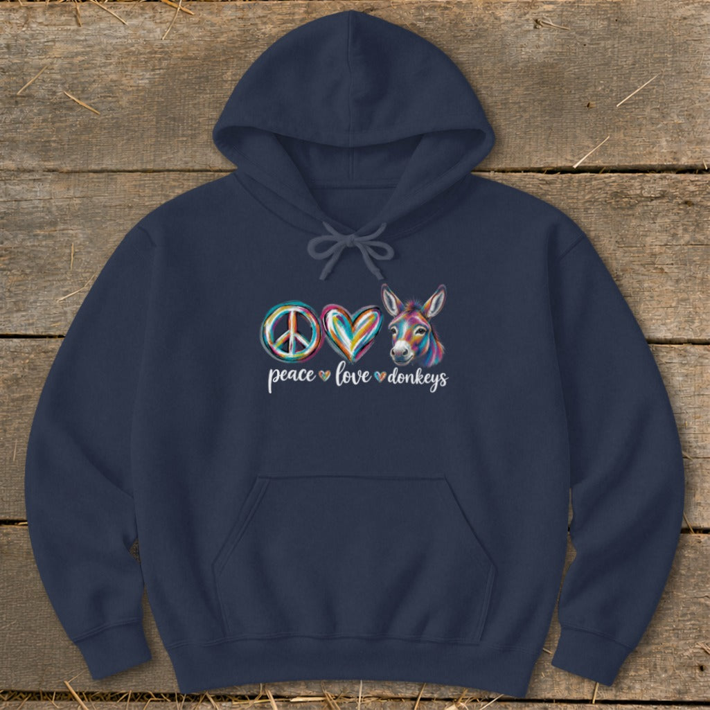 Navy hoodie with peace, heart, and donkey graphic and text "peace love donkeys".