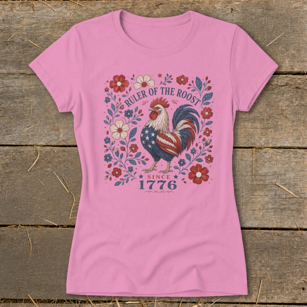 Pink t-shirt with patriotic rooster design and text "Ruler of the Roost Since 1776".