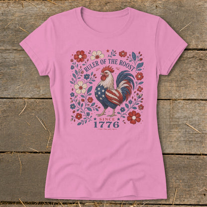 Pink t-shirt with patriotic rooster design and text "Ruler of the Roost Since 1776".