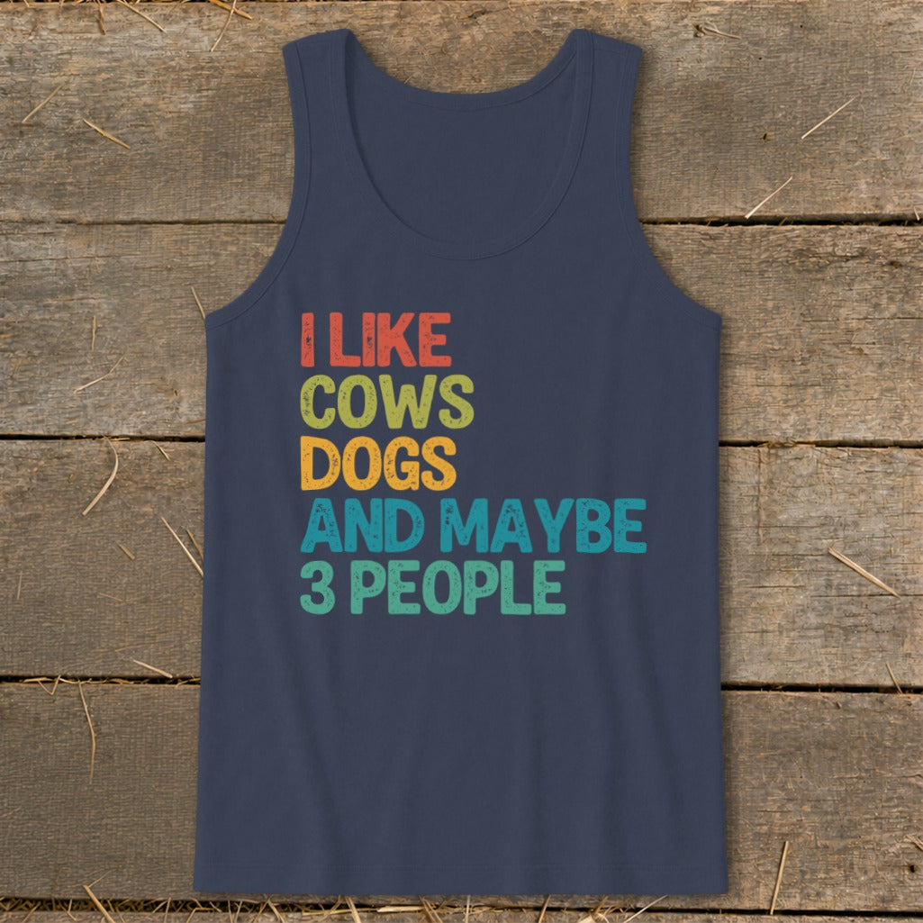 Navy tank top with text "I like cows dogs and maybe 3 people"
