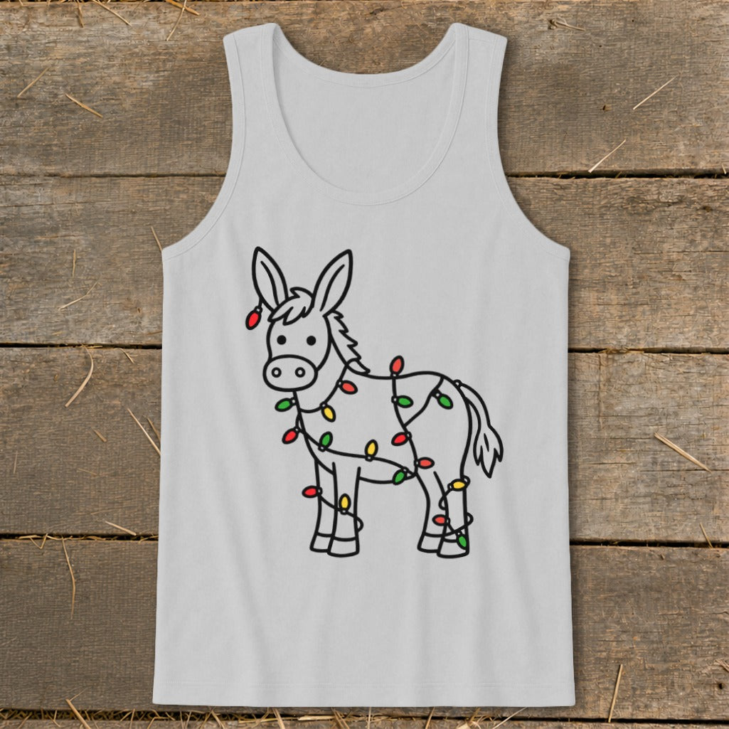 Light gray tank top with a cartoon donkey wrapped in colorful Christmas lights.