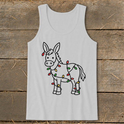 Light gray tank top with a cartoon donkey wrapped in colorful Christmas lights.