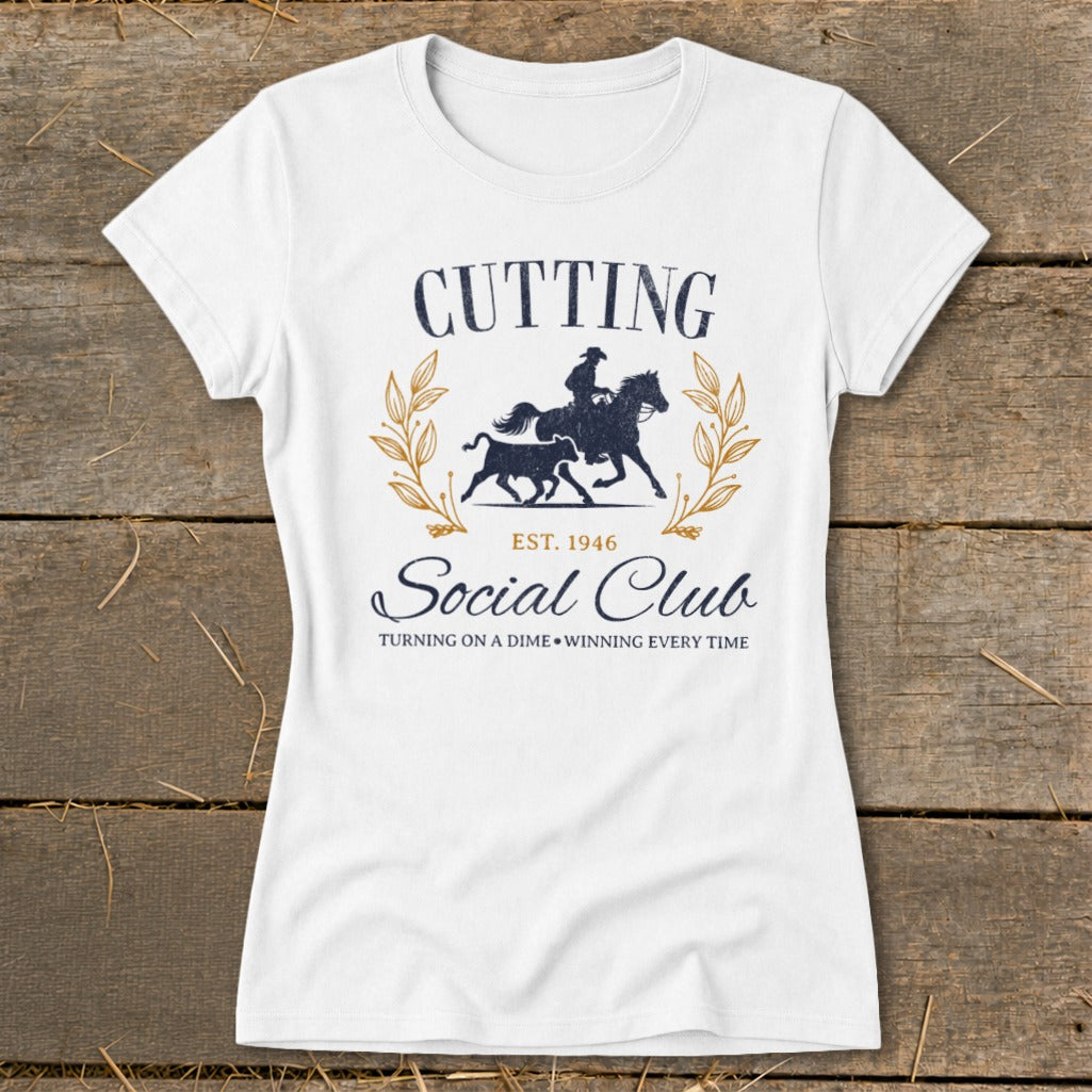 White t-shirt with "Cutting Social Club Est. 1946" and horse and bull graphic.