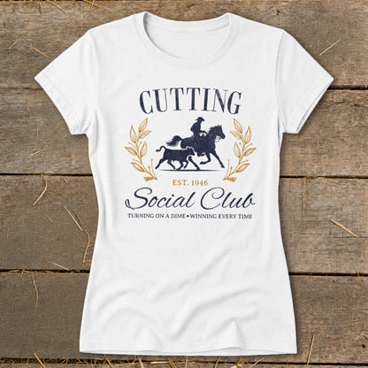White t-shirt with "Cutting Social Club Est. 1946" and horse and bull graphic.