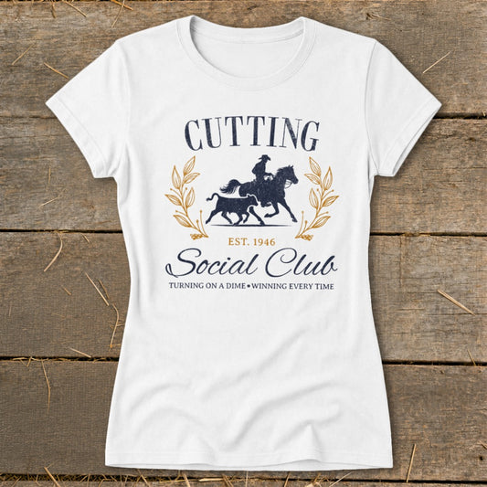 White t-shirt with "Cutting Social Club Est. 1946" and horse and bull graphic.