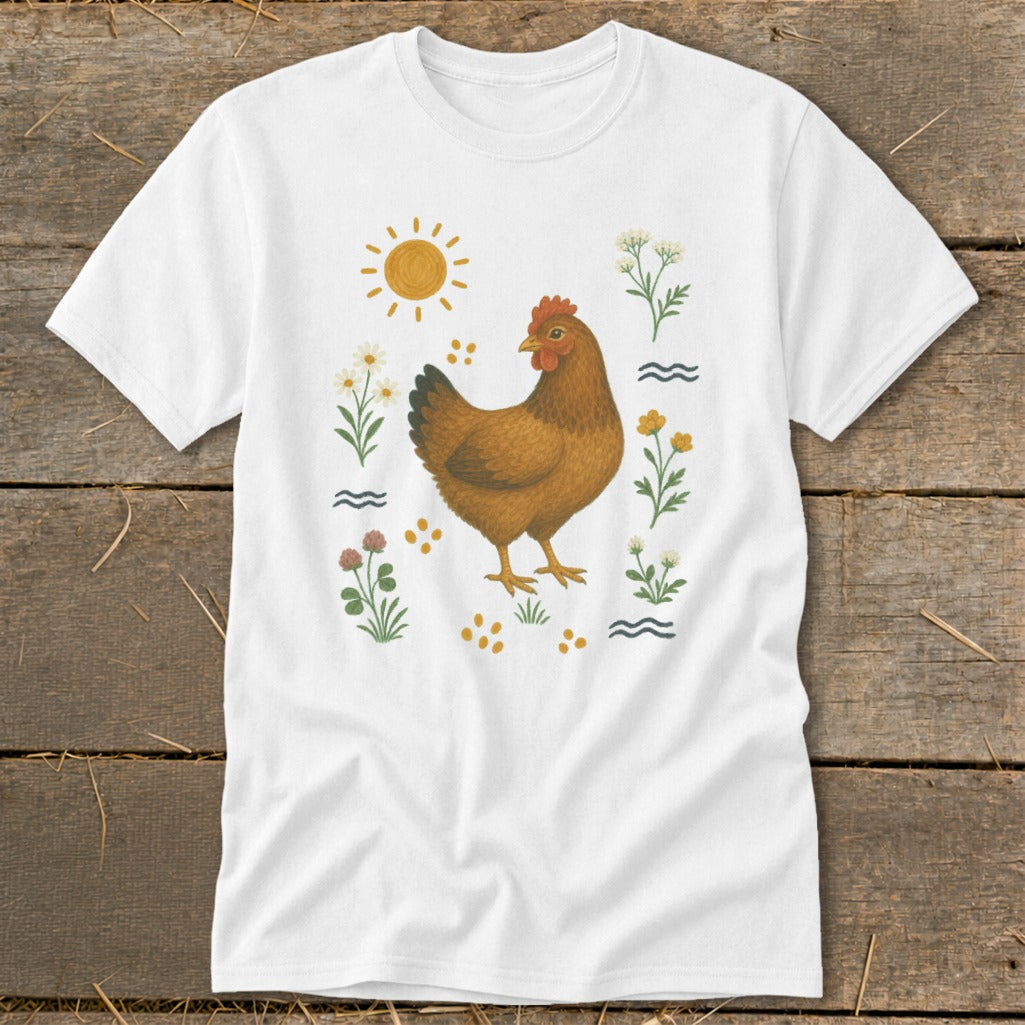 White t-shirt with a brown chicken surrounded by flowers, sun, and dots.