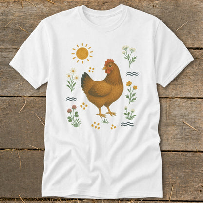 White t-shirt with a brown chicken surrounded by flowers, sun, and dots.