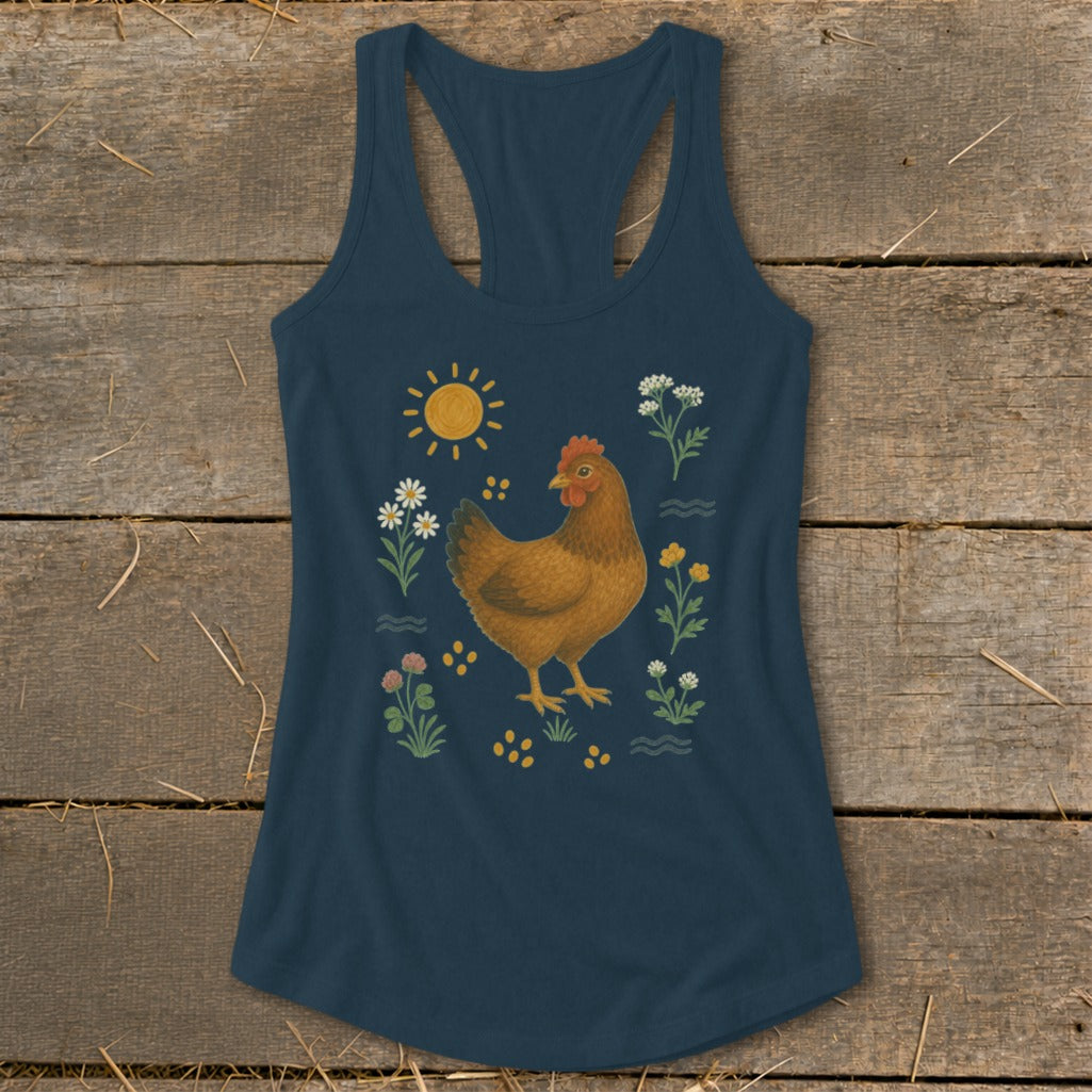 Navy tank top with chicken, sun, and flowers graphic.