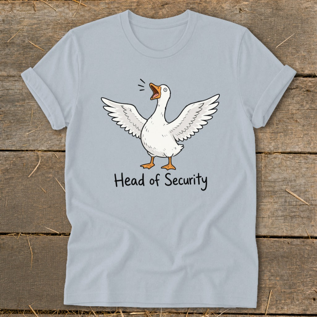 Light blue t-shirt with a cartoon goose and text "Head of Security".