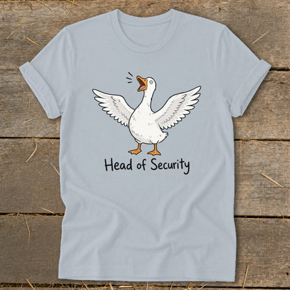 Light blue t-shirt with a cartoon goose and text "Head of Security".