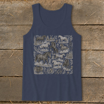 Navy tank top with a detailed vintage-style collage of horses and equestrian elements.