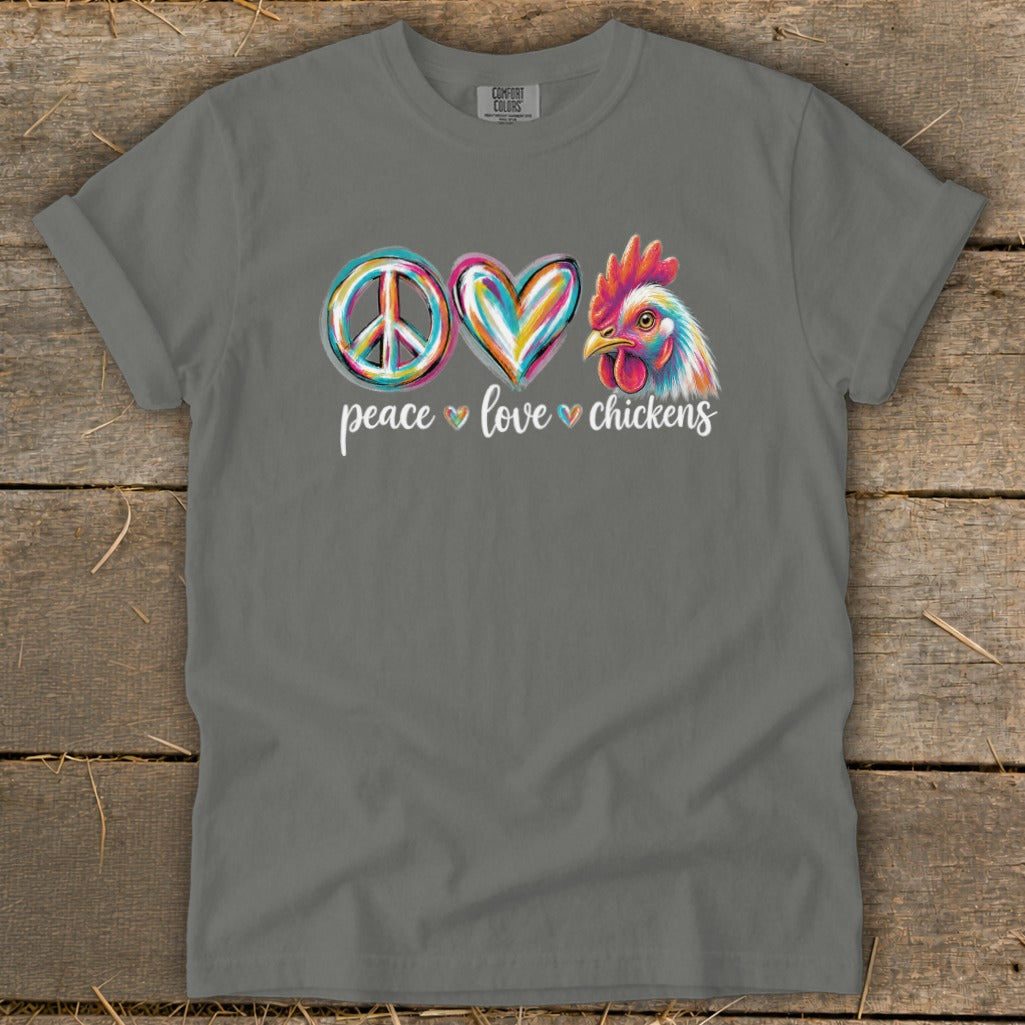 Gray t-shirt with peace, heart, and rooster graphics, text "peace love chickens."