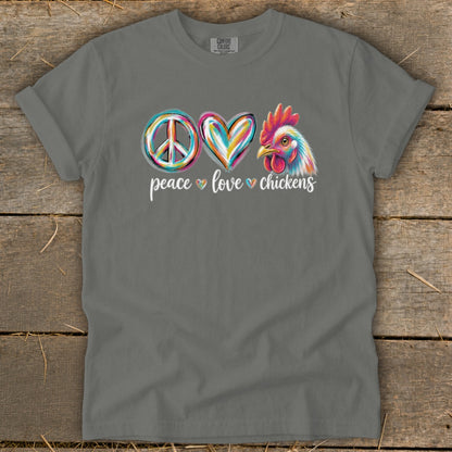 Gray t-shirt with peace, heart, and rooster graphics, text "peace love chickens."