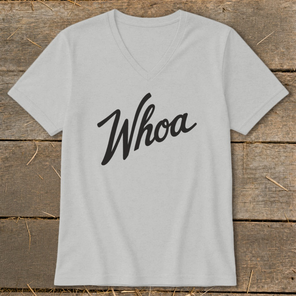 Light grey v-neck t-shirt with "Whoa" in black cursive text.