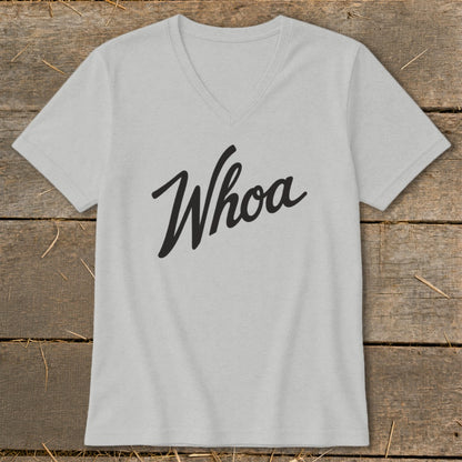Light grey v-neck t-shirt with "Whoa" in black cursive text.
