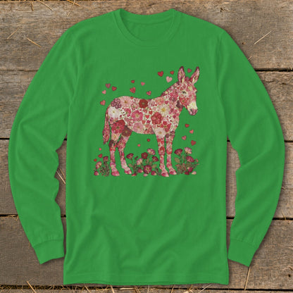 Green long-sleeved shirt with a donkey made of pink and red flowers and hearts.
