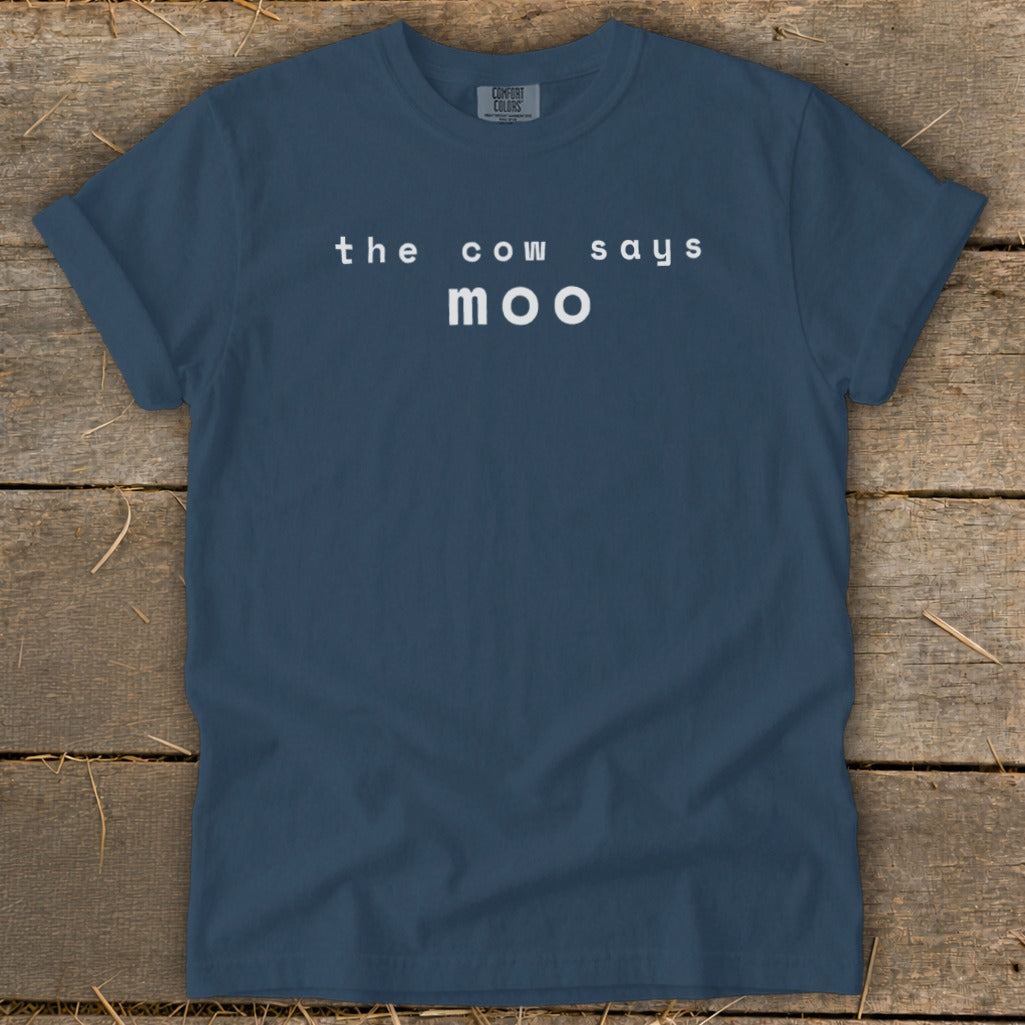 Navy t-shirt with white text "the cow says moo"