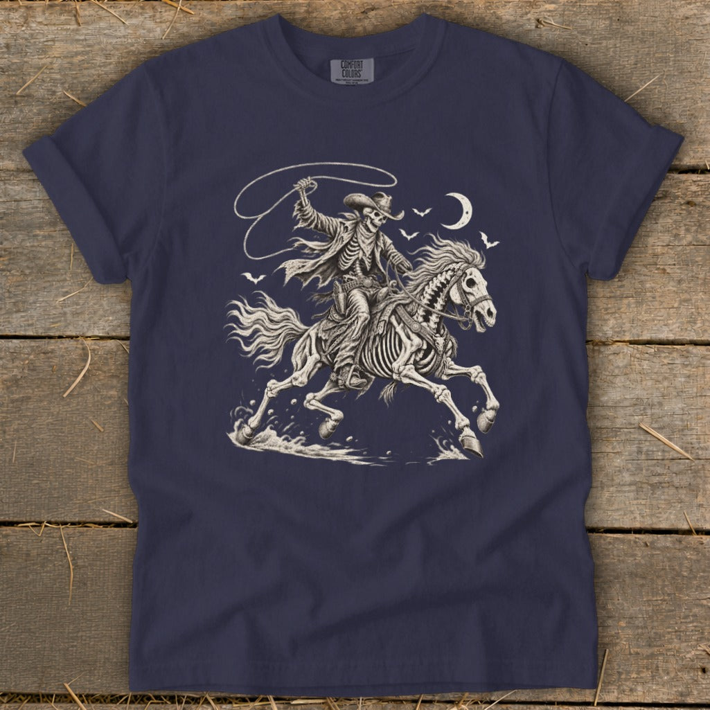 Skeleton cowboy riding a galloping horse under a crescent moon.