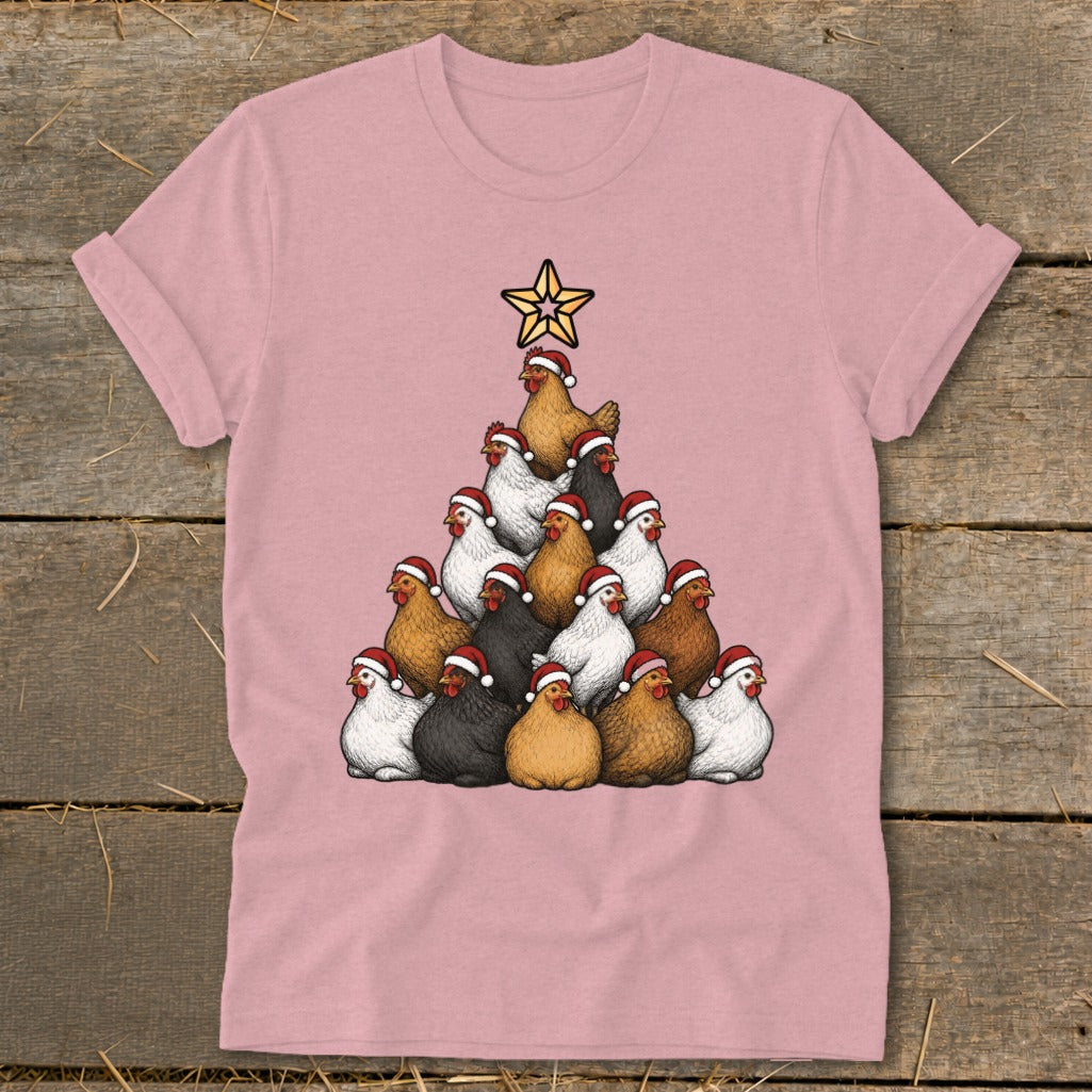 Pink t-shirt with a Christmas tree made of chickens wearing Santa hats.