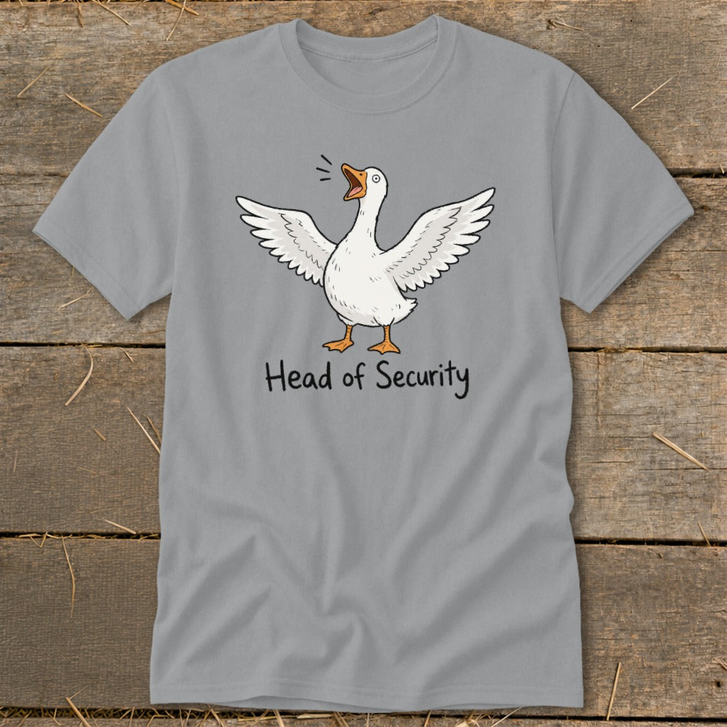 Gray t-shirt with a cartoon goose and the text "Head of Security".