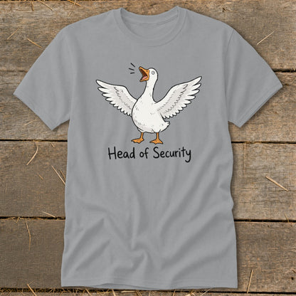 Gray t-shirt with a cartoon goose and the text "Head of Security".