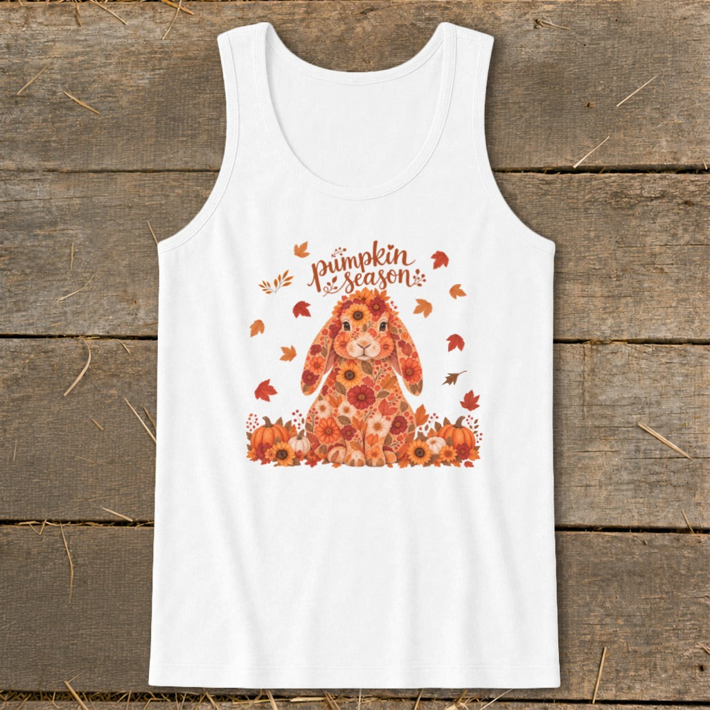 White tank top with floral bunny and "Pumpkin Season" text.