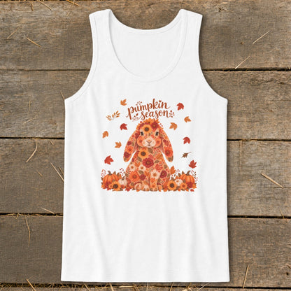 White tank top with floral bunny and "Pumpkin Season" text.